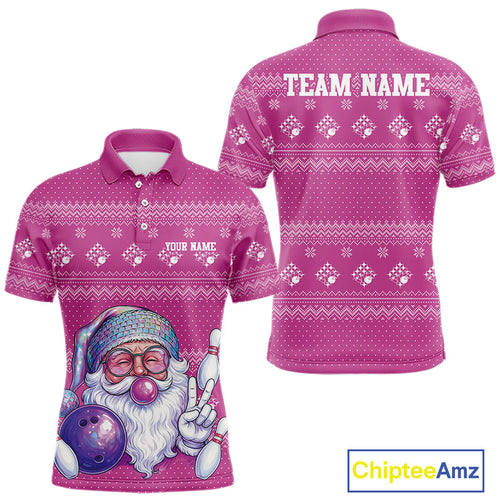 Custom Funny Santa Christmas Men Bowling Polo Shirts, Bright Magenta Xmas Team Outfit IPHW10144