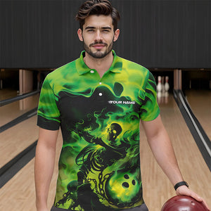 Black And Green Flame Custom Skeleton Bowling Polo Shirt For Men, Skull Bowling League Shirt IPHW8407