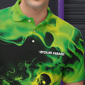 Black And Green Flame Custom Skeleton Bowling Polo Shirt For Men, Skull Bowling League Shirt IPHW8407