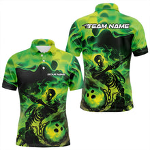 Load image into Gallery viewer, Black And Green Flame Custom Skeleton Bowling Polo Shirt For Men, Skull Bowling League Shirt IPHW8407