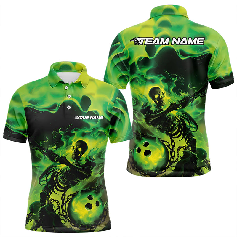 Black And Green Flame Custom Skeleton Bowling Polo Shirt For Men, Skull Bowling League Shirt IPHW8407