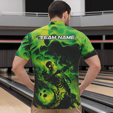 Load image into Gallery viewer, Black And Green Flame Custom Skeleton Bowling Quarter-Zip Shirt For Men, Skull Bowling League Shirt IPHW8407