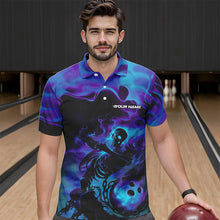 Load image into Gallery viewer, Black And Purple Flame Custom Skeleton Bowling Polo Shirt For Men, Skull Bowling League Shirt IPHW8408