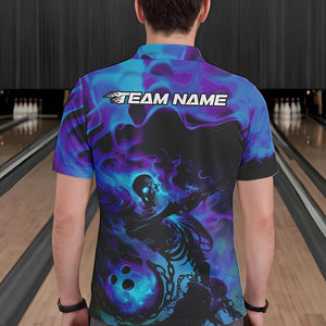 Black And Purple Flame Custom Skeleton Bowling Polo Shirt For Men, Skull Bowling League Shirt IPHW8408