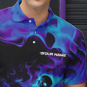 Black And Purple Flame Custom Skeleton Bowling Polo Shirt For Men, Skull Bowling League Shirt IPHW8408