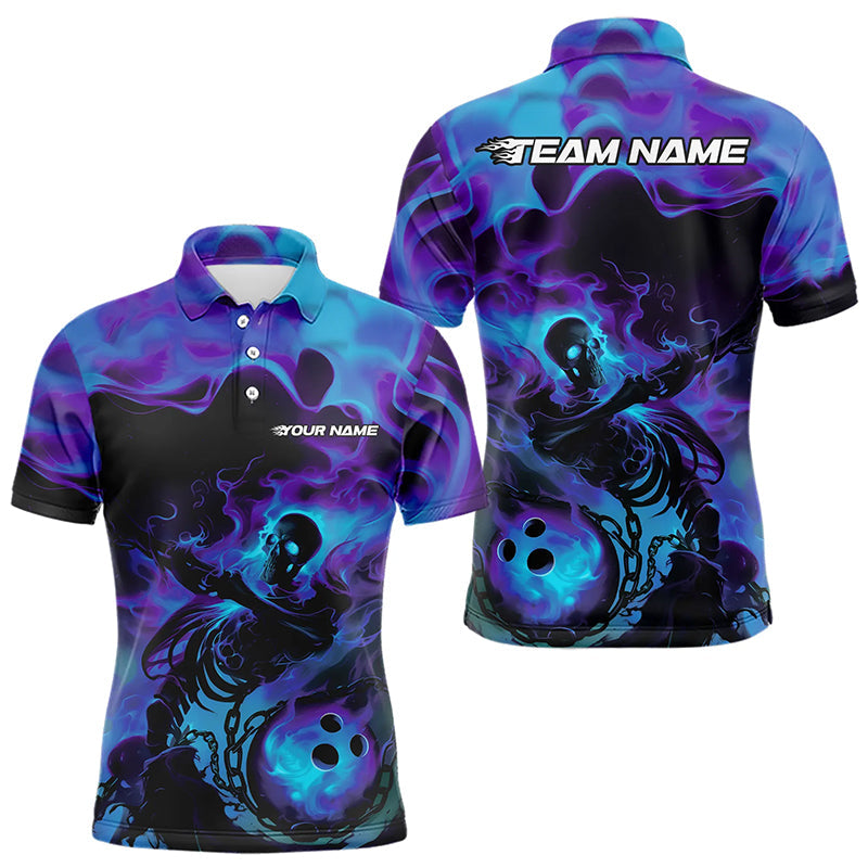 Black And Purple Flame Custom Skeleton Bowling Polo Shirt For Men, Skull Bowling League Shirt IPHW8408