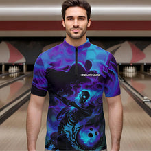 Load image into Gallery viewer, Black And Purple Flame Custom Skeleton Bowling Quarter-Zip Shirt For Men, Skull Bowling League Shirt IPHW8408