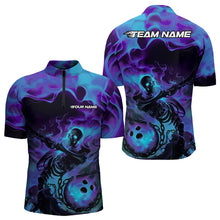 Load image into Gallery viewer, Black And Purple Flame Custom Skeleton Bowling Quarter-Zip Shirt For Men, Skull Bowling League Shirt IPHW8408