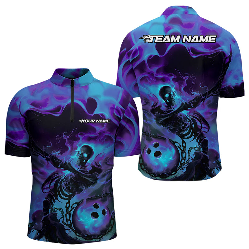 Black And Purple Flame Custom Skeleton Bowling Quarter-Zip Shirt For Men, Skull Bowling League Shirt IPHW8408