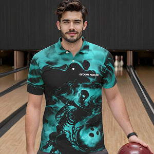 Black And Blue Flame Custom Skeleton Bowling Polo Shirt For Men, Skull Bowling League Shirt IPHW8409