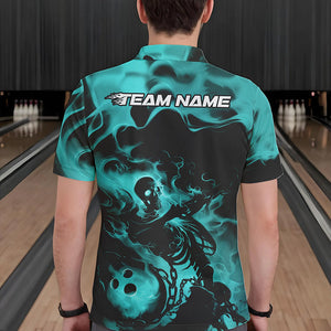 Black And Blue Flame Custom Skeleton Bowling Polo Shirt For Men, Skull Bowling League Shirt IPHW8409