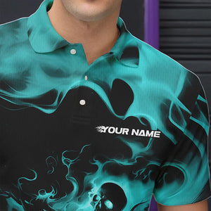 Black And Blue Flame Custom Skeleton Bowling Polo Shirt For Men, Skull Bowling League Shirt IPHW8409