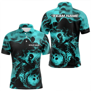 Black And Blue Flame Custom Skeleton Bowling Polo Shirt For Men, Skull Bowling League Shirt IPHW8409