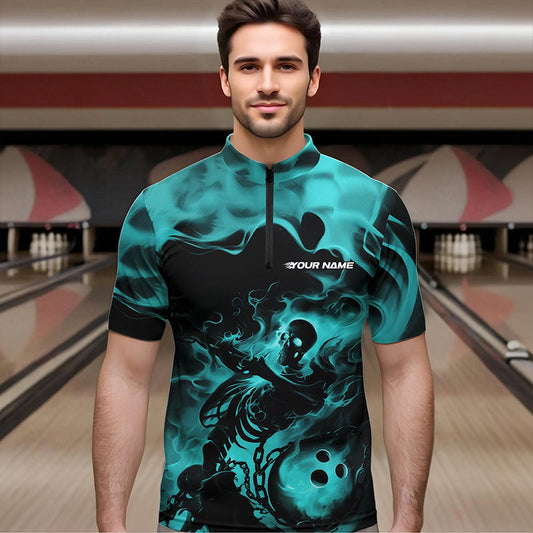 Black And Blue Flame Custom Skeleton Bowling Quarter-Zip Shirt For Men, Skull Bowling League Shirt IPHW8409