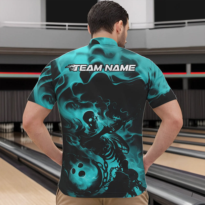 Black And Blue Flame Custom Skeleton Bowling Quarter-Zip Shirt For Men, Skull Bowling League Shirt IPHW8409