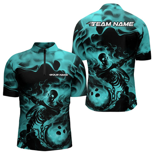 Black And Blue Flame Custom Skeleton Bowling Quarter-Zip Shirt For Men, Skull Bowling League Shirt IPHW8409