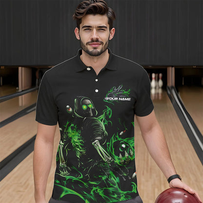 Custom Black And Green Flame Skeleton Bowling Polo Shirts For Men, Skull Bowling Jerseys IPHW8413