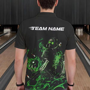 Custom Black And Green Flame Skeleton Bowling Polo Shirts For Men, Skull Bowling Jerseys IPHW8413