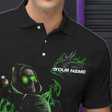 Load image into Gallery viewer, Custom Black And Green Flame Skeleton Bowling Polo Shirts For Men, Skull Bowling Jerseys IPHW8413