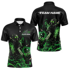 Load image into Gallery viewer, Custom Black And Green Flame Skeleton Bowling Polo Shirts For Men, Skull Bowling Jerseys IPHW8413