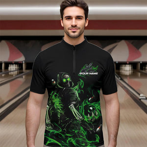 Custom Black And Green Flame Skeleton Bowling Quarter-Zip Shirts For Men, Skull Bowling Jerseys IPHW8413