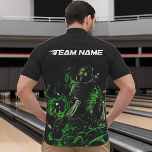 Custom Black And Green Flame Skeleton Bowling Quarter-Zip Shirts For Men, Skull Bowling Jerseys IPHW8413