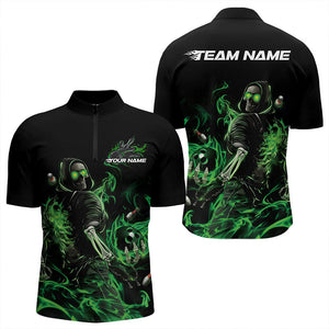 Custom Black And Green Flame Skeleton Bowling Quarter-Zip Shirts For Men, Skull Bowling Jerseys IPHW8413