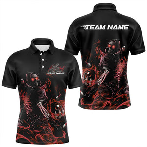 Custom Black And Red Flame Skeleton Bowling Polo Shirts For Men, Skull Bowling Jerseys IPHW8414