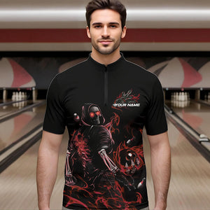 Custom Black And Red Flame Skeleton Bowling Quarter-Zip Shirts For Men, Skull Bowling Jerseys IPHW8414