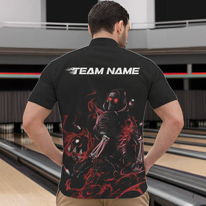 Custom Black And Red Flame Skeleton Bowling Quarter-Zip Shirts For Men, Skull Bowling Jerseys IPHW8414