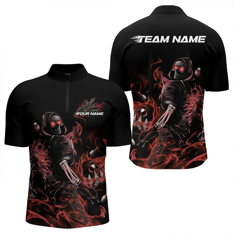 Custom Black And Red Flame Skeleton Bowling Quarter-Zip Shirts For Men, Skull Bowling Jerseys IPHW8414