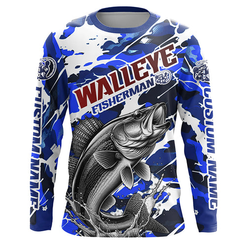 Personalized Walleye Fisherman Long Sleeve Fishing Shirt, Red White And Blue Camo Fishing Jerseys IPHW6458