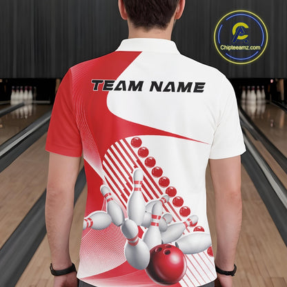 Back view of a male model in a bowling venue wearing a white and red polo shirt, showcasing wavy geometric stripes and dynamic bowling action design.