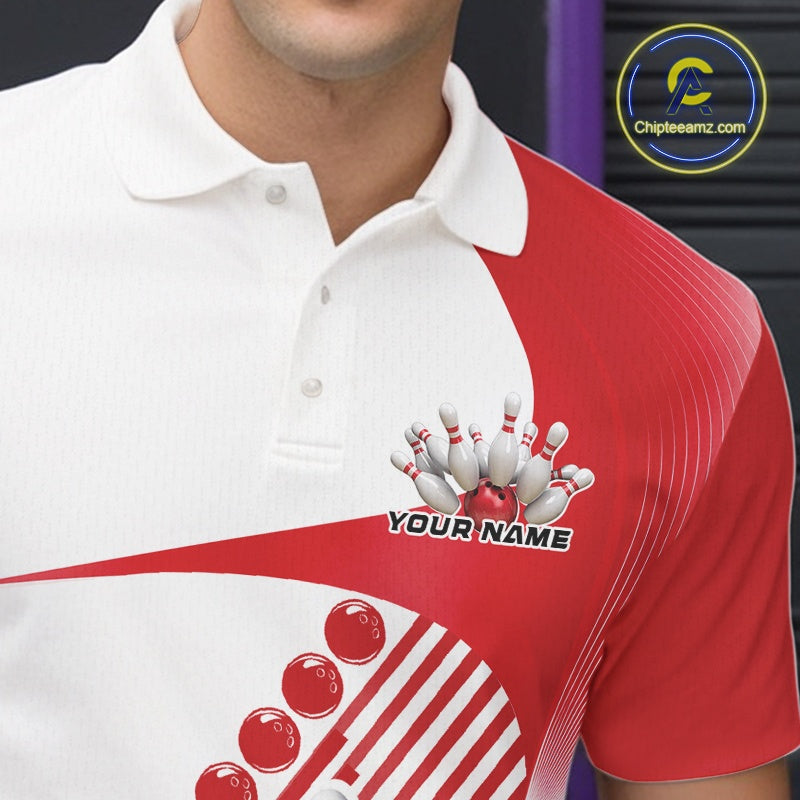 Close-up of the left chest area of a white and red bowling polo shirt, featuring asymmetric wavy stripe patterns with a bowling strike graphic.