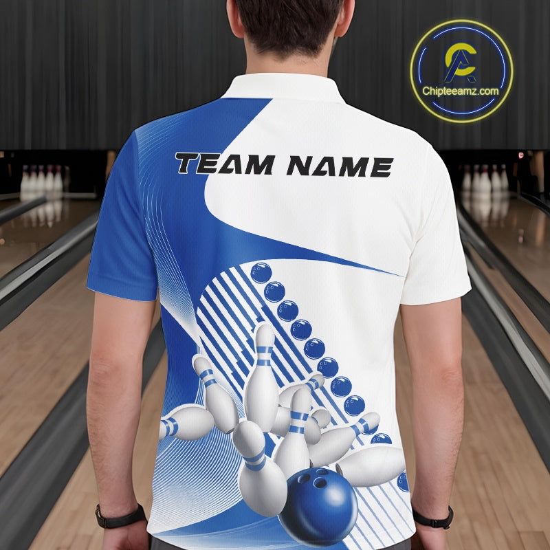 Back view of a male model in a bowling alley wearing a white and blue polo shirt, showcasing asymmetric wavy stripe patterns and bowling strike artwork.