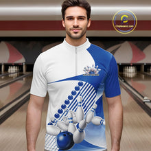 Load image into Gallery viewer, Custom White And Blue Bowling Ball And Pins Men Quarter-Zip Shirt, Bowling Team Jerseys IPHW11319