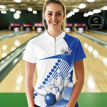 Load image into Gallery viewer, Custom White And Blue Bowling Ball And Pins Women Quarter-Zip Shirt, Bowling Team Jersey IPHW11319