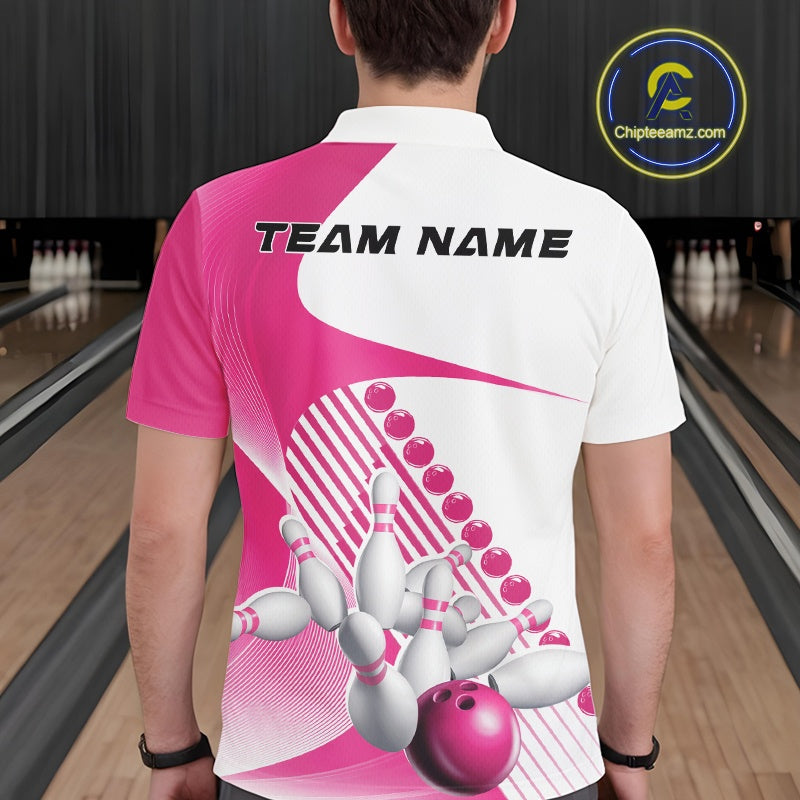 Back view of a male model in a bowling lane wearing a white and pink polo shirt, showcasing asymmetric stripe patterns and bowling action design.
