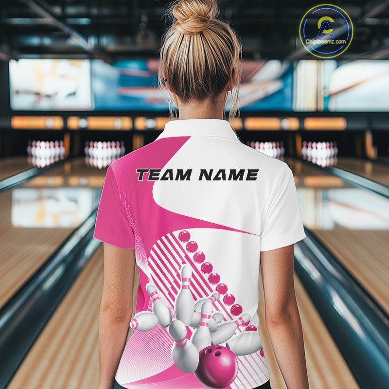 Back view of a female model in a bowling venue wearing a white and pink polo shirt, showcasing asymmetric geometric stripes and bowling strike motion design.