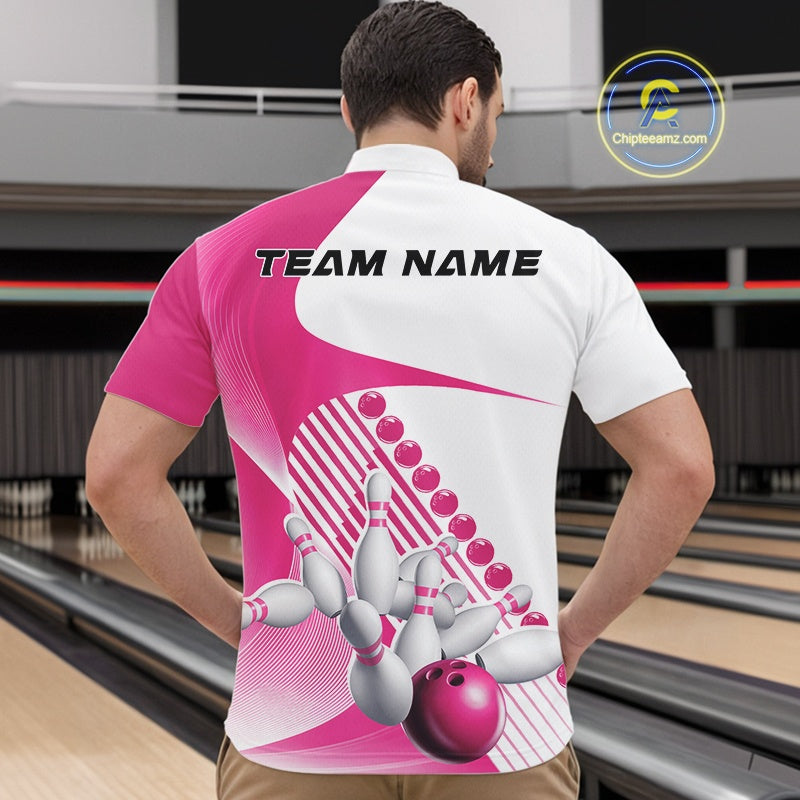 Male model in a bowling alley wearing a white and pink quarter zip shirt with flowing geometric stripes and a bowling ball striking pins design.