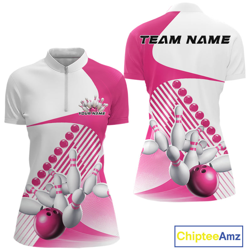 Front and back view of a women s white and pink bowling quarter zip with asymmetric wavy geometric stripes and dynamic bowling strike graphics.
