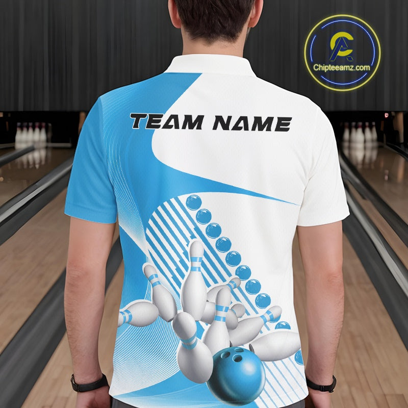 Back view of a male model in a bowling venue wearing a white and light blue polo shirt, showcasing wavy stripe accents and dynamic bowling action artwork.