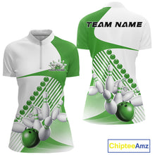 Load image into Gallery viewer, Custom White And Green Bowling Ball And Pins Women Quarter-Zip Shirt, Bowling Jerseys IPHW11322