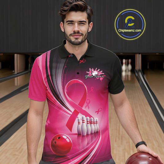 Front view of a male model wearing a black and pink bowling polo with breast cancer awareness ribbon graphics and bowling artwork