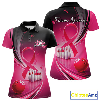 Front and back mockup of a women's black and pink bowling polo with breast cancer awareness ribbon artwork and bowling graphics