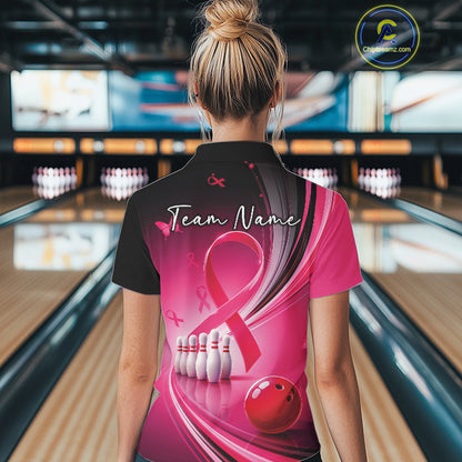 Back view of a female model in a black and pink bowling polo with breast cancer awareness ribbon artwork and bowling graphics