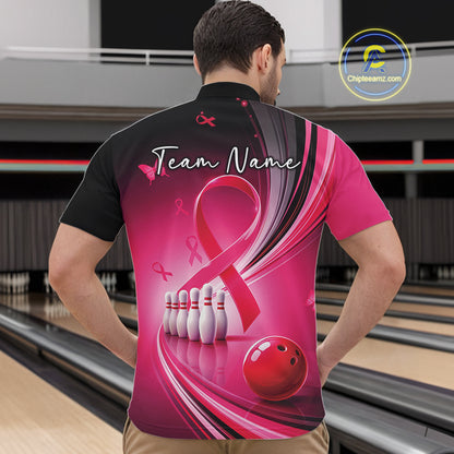 Front view of a male model in a black and pink bowling quarter zip featuring breast cancer awareness ribbons and bowling graphics