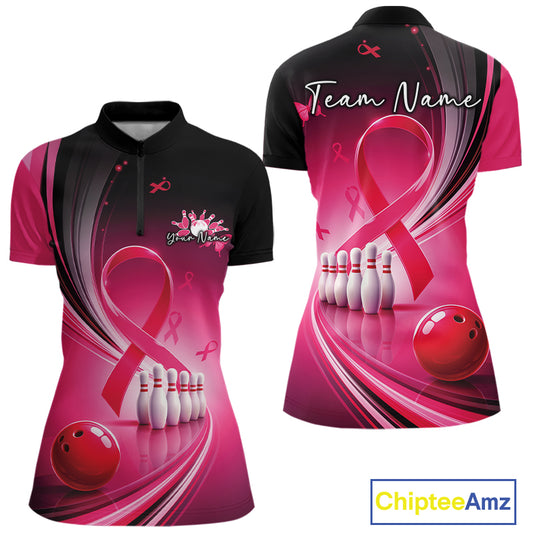 Front and back mockup of a women's black and pink bowling quarter zip featuring breast cancer awareness ribbons and bowling-themed artwork