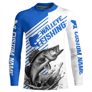 Walleye Fishing Customized Name Long Sleeve Tournament Shirts, Walleye Fishing Jerseys | Blue IPHW6651