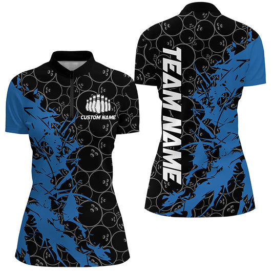 Black And Blue Customized Bowling Shirts For Women, Bowling Jerseys Team Bowling Shirts IPHW6981